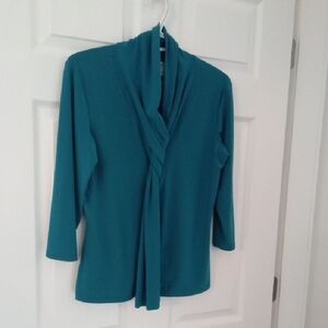 Clientele Women's Turquoise Shawl Collar V-Neckline & Tie 3/4 Sleeve Top Medium